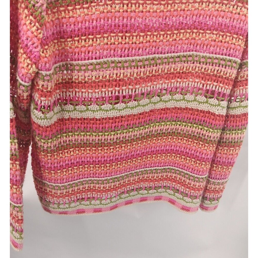 Norm Thompson Vintage Pink Green Red Striped Open Knit Crocheted Cardigan Size M - Picture 6 of 7